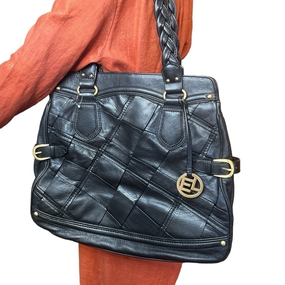 Elliott Lucca Black Weaved Shoulder Tote Bag Soft Supple Leather Gold Hardware